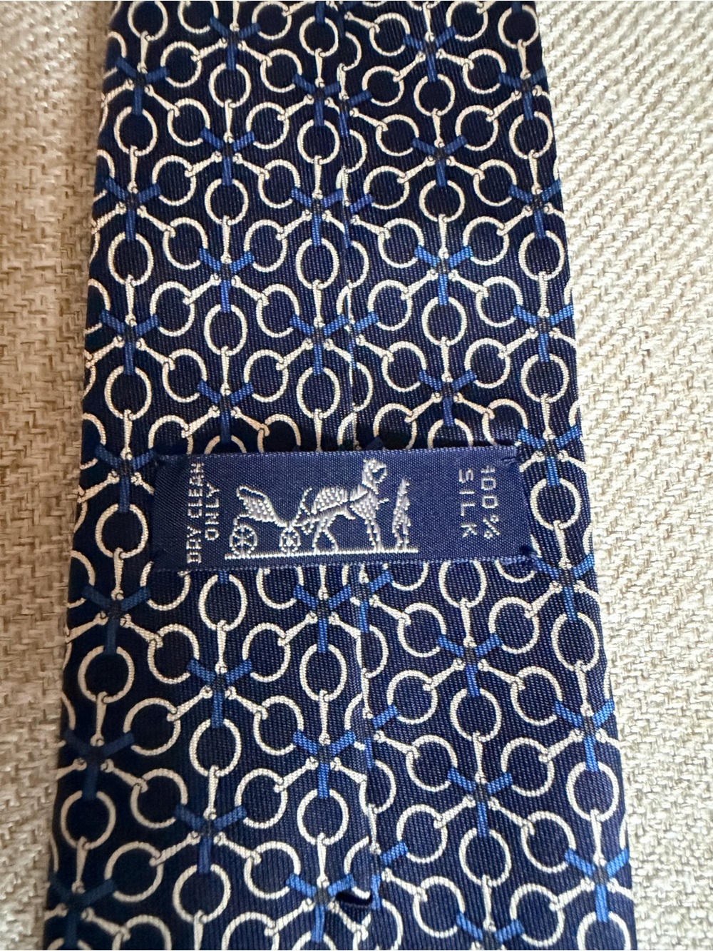 Hermes Navy Silk Tie with Interlocking Ring Pattern AUTHENTIC